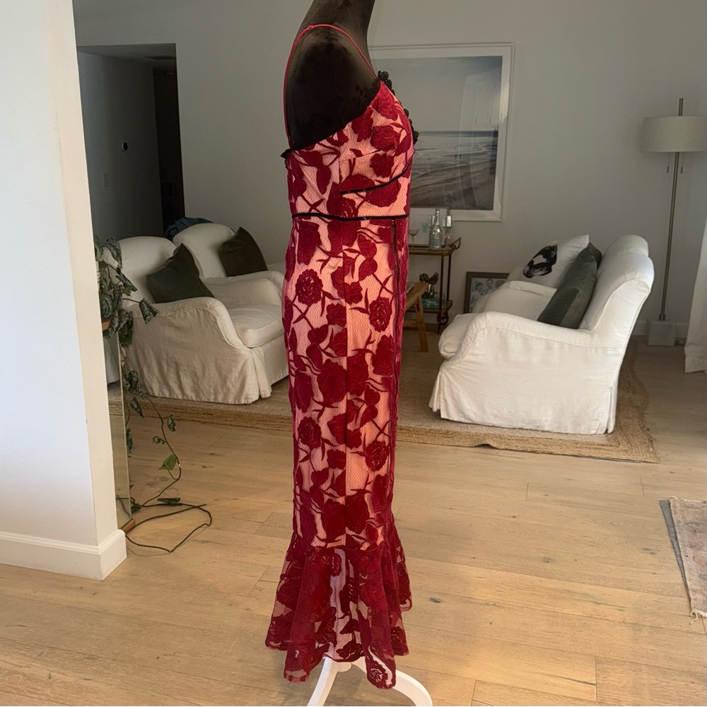 Lulus Alluring Dream Burgundy Floral Mesh Lace Trumpet Midi Dress Red - Size M - Picture 2 of 10